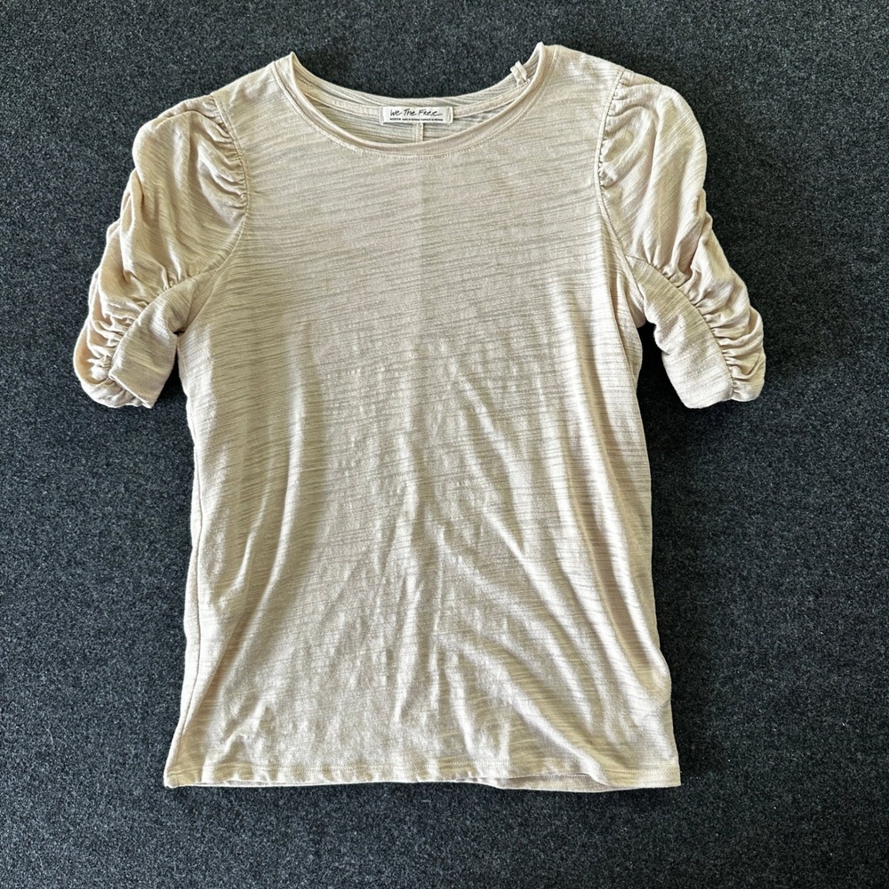 We‎ The Free Free People Beige Slub Ruched Puff Sleeve Tee Top Medium